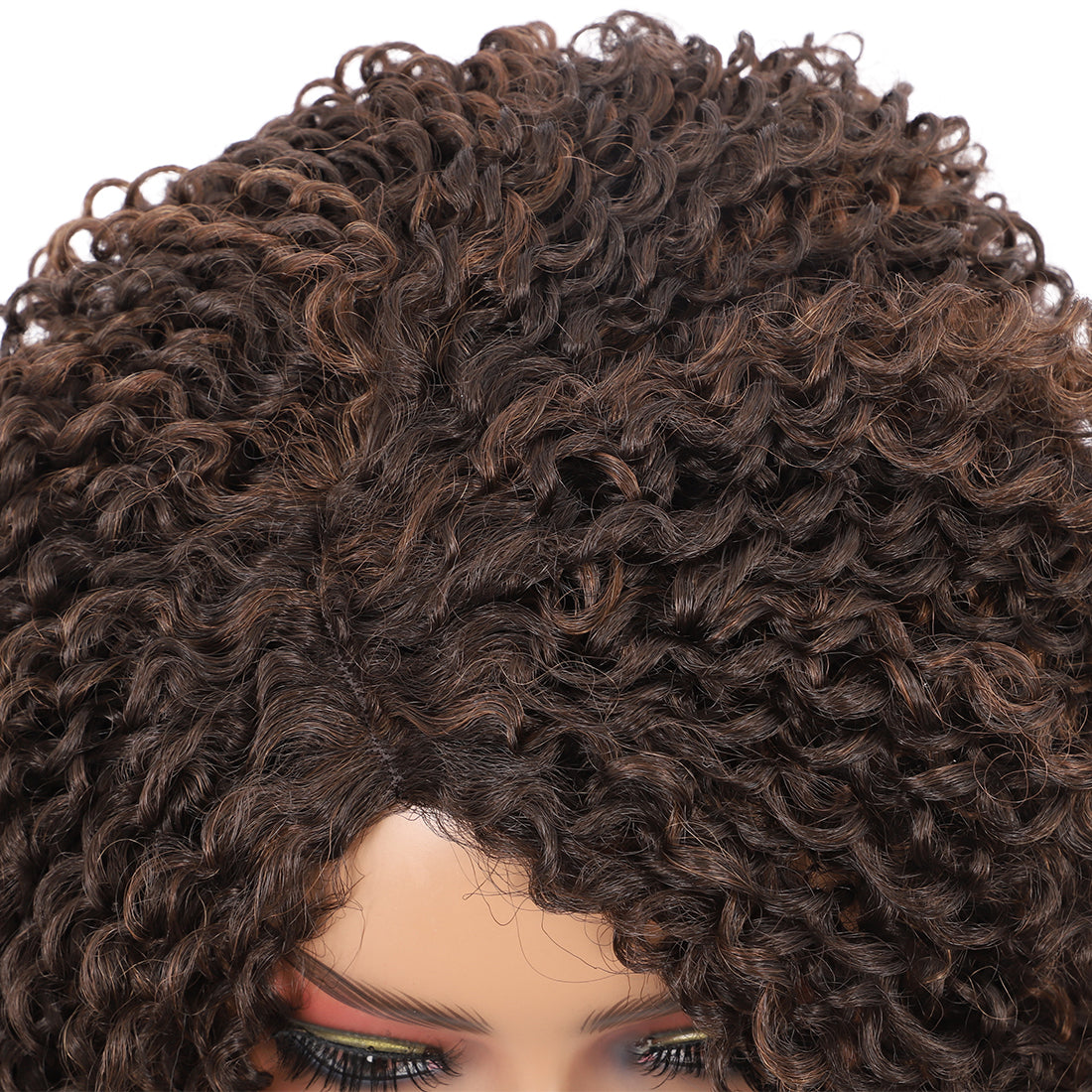 Short Afro Kinky Curly Wigs for Women Side Curved Side Part Natural Looking Big,Bouncy and Super Soft Premium Synthetic Afro Curls Wigs for Women brown highlights