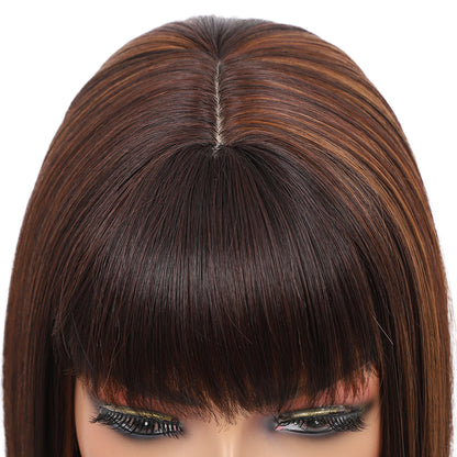Bob Wigs for Women Short Straight Bob Wig with Hair Bangs Natural Looking Heat Resistant Synthetic Hair Wigs for Women 13 Inches (Brown Highlights)