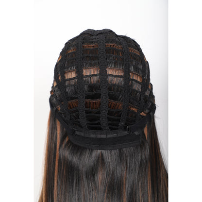 28 inches Mix Black Brown Wigs Women's Silky Long Straight Wig Heat Resistant Synthetic Wig With Bangs Hair Wig for Women