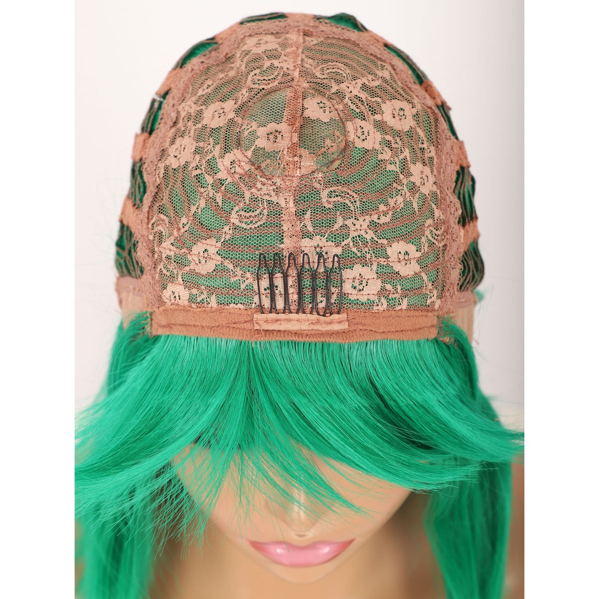 Green Short Straight Bob Wig with Bangs Yaki Short Wig Glueless Natural Look Easy Wear 12"