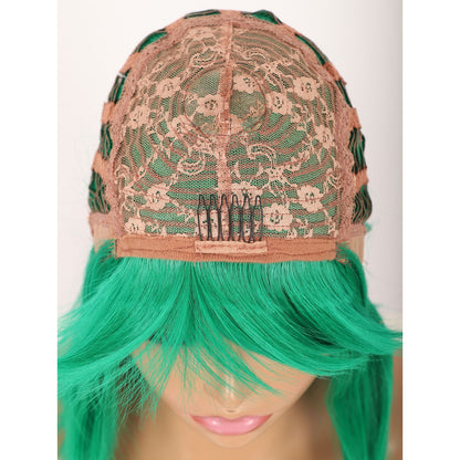 Green Short Straight Bob Wig with Bangs Yaki Short Wig Glueless Natural Look Easy Wear 12"