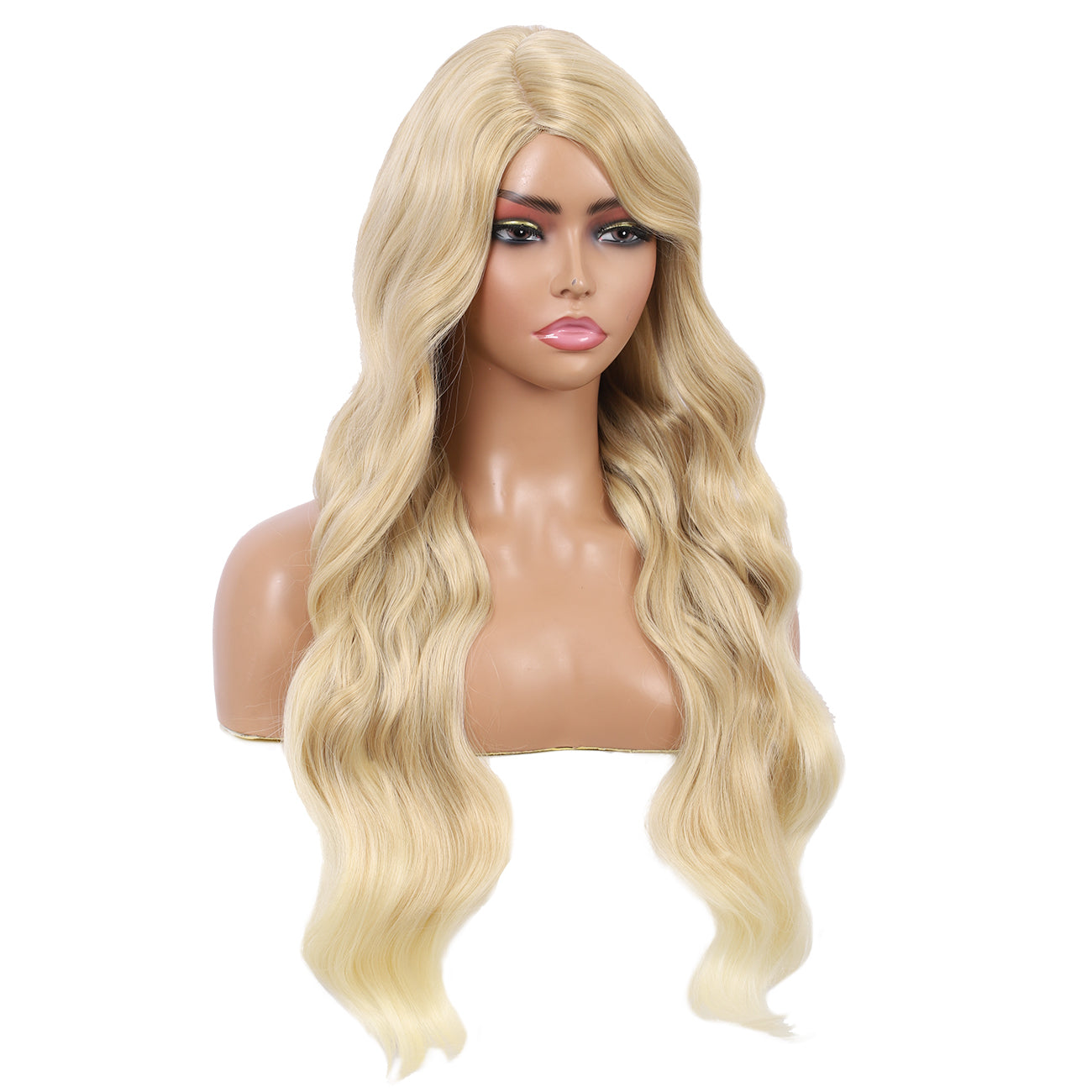28 inches Blonde Yaki Synthetic Hair Wigs for Women Long Body Wavy Curly Wigs L Parting Natural Looking Heat Resistant Replacement Wigs