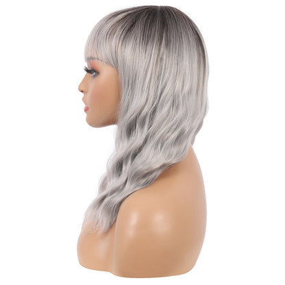 Short Synthetic Silver gray Wig with Hair Bangs Short Wavy Curly Wig for Women -Natural Looking and Heat Resistant Full Head Hair Replacement Wig for Daily Wear or Costume Wig