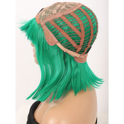 Green Short Straight Bob Wig with Bangs Yaki Short Wig Glueless Natural Look Easy Wear 12"