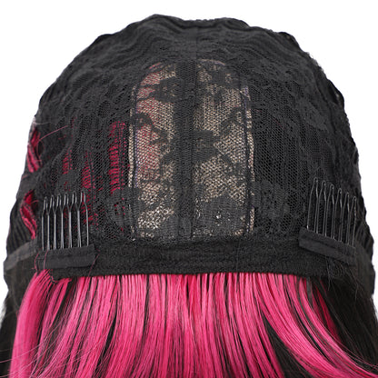 Bob Wigs for Women Short Straight Bob Wig with Hair Bangs Natural Looking Heat Resistant Synthetic Hair Wigs for Women 13 Inches (Black with pink highlights)