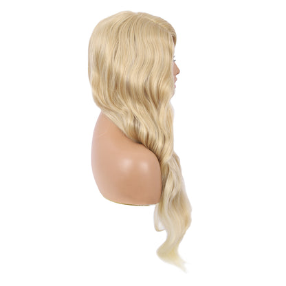 28 inches Blonde Yaki Synthetic Hair Wigs for Women Long Body Wavy Curly Wigs L Parting Natural Looking Heat Resistant Replacement Wigs