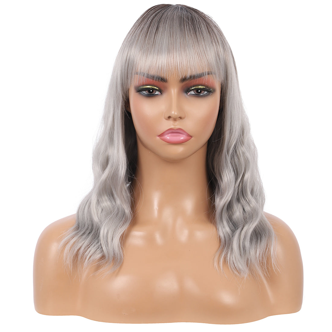 Short Synthetic Silver gray Wig with Hair Bangs Short Wavy Curly Wig for Women -Natural Looking and Heat Resistant Full Head Hair Replacement Wig for Daily Wear or Costume Wig