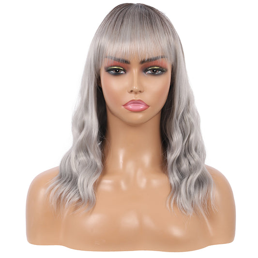 Short Synthetic Silver gray Wig with Hair Bangs Short Wavy Curly Wig for Women -Natural Looking and Heat Resistant Full Head Hair Replacement Wig for Daily Wear or Costume Wig