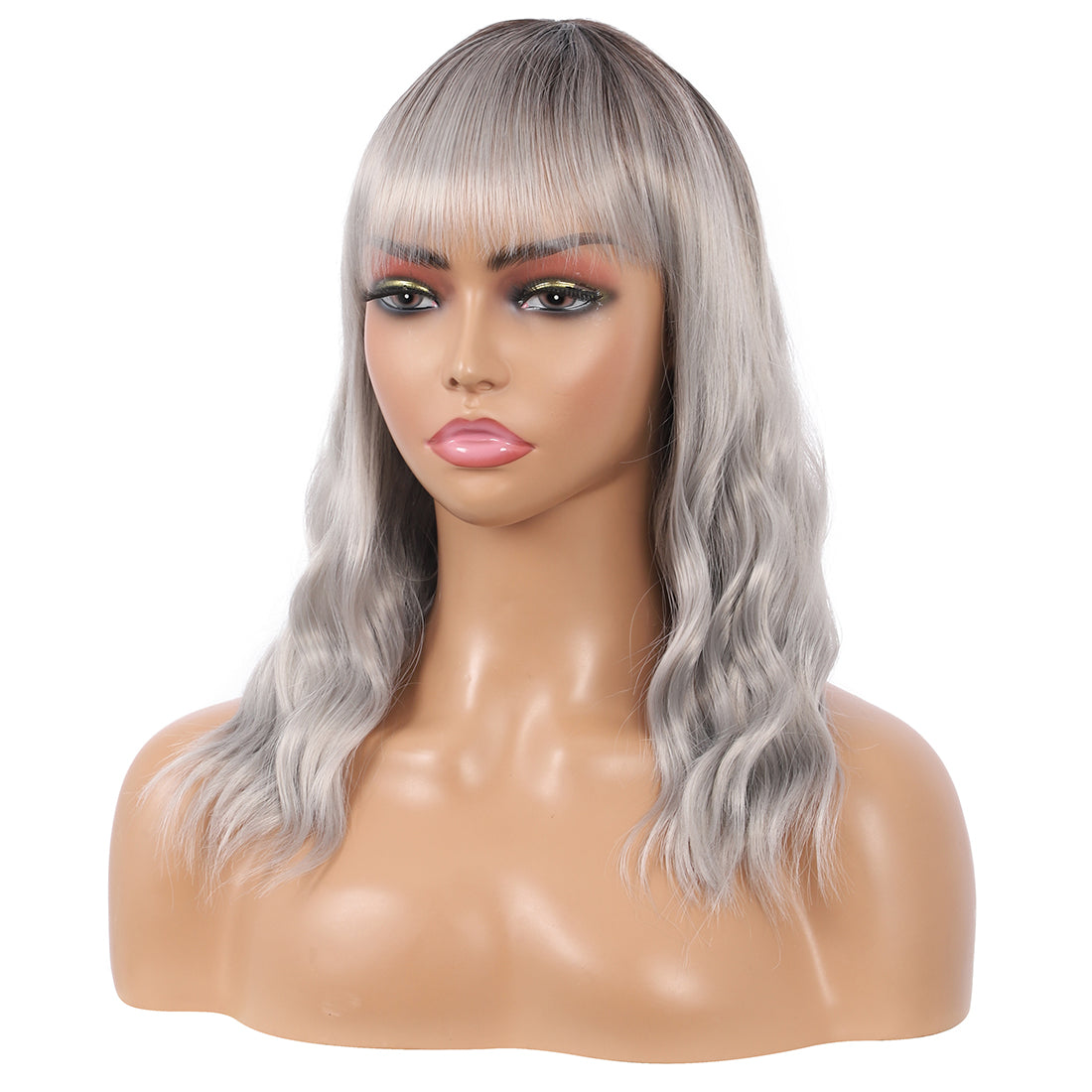 Short Synthetic Silver gray Wig with Hair Bangs Short Wavy Curly Wig for Women -Natural Looking and Heat Resistant Full Head Hair Replacement Wig for Daily Wear or Costume Wig