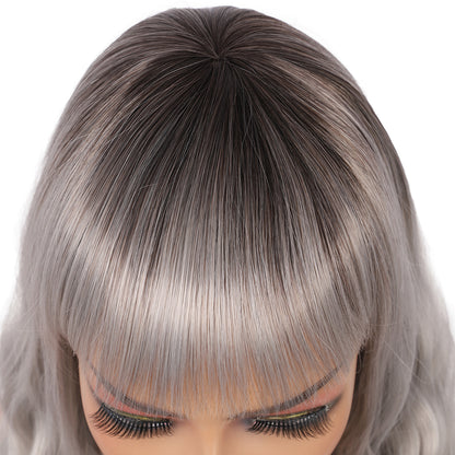 Short Synthetic Silver gray Wig with Hair Bangs Short Wavy Curly Wig for Women -Natural Looking and Heat Resistant Full Head Hair Replacement Wig for Daily Wear or Costume Wig