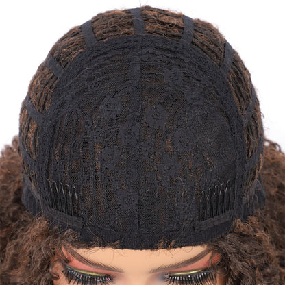 Short Afro Kinky Curly Wigs for Women Side Curved Side Part Natural Looking Big,Bouncy and Super Soft Premium Synthetic Afro Curls Wigs for Women brown highlights