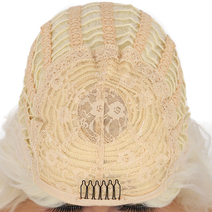 Short Synthetic Platinum blonde Wig with Hair Bangs Short Wavy Curly Wig for Women -Natural Looking and Heat Resistant Full Head Hair Replacement Wig for Daily Wear or Costume Wig