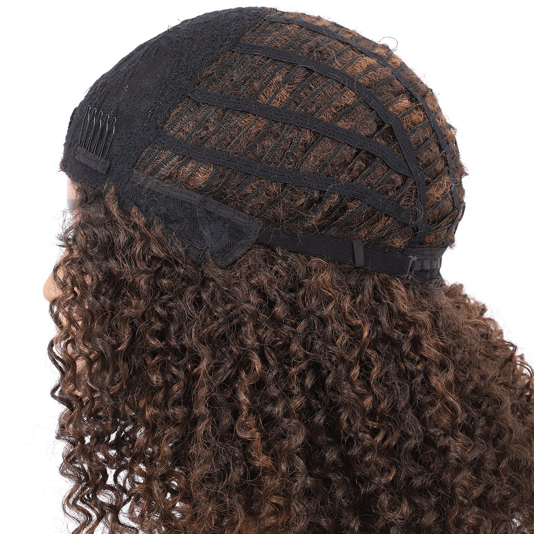Short Afro Kinky Curly Wigs for Women Side Curved Side Part Natural Looking Big,Bouncy and Super Soft Premium Synthetic Afro Curls Wigs for Women brown highlights