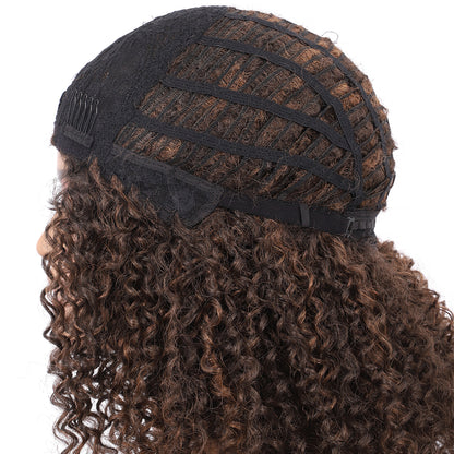 Short Afro Kinky Curly Wigs for Women Side Curved Side Part Natural Looking Big,Bouncy and Super Soft Premium Synthetic Afro Curls Wigs for Women brown highlights