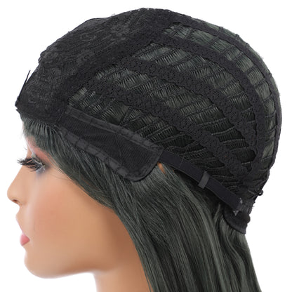 22" Long Straight Silky Smooth Synthetic Hair Wigs with Bangs for Women High Temperature Yaki Texture Full Hair Wigs for Women (Blackish Green)