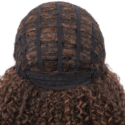 Short Afro Kinky Curly Wigs for Women Side Curved Side Part Natural Looking Big,Bouncy and Super Soft Premium Synthetic Afro Curls Wigs for Women brown highlights