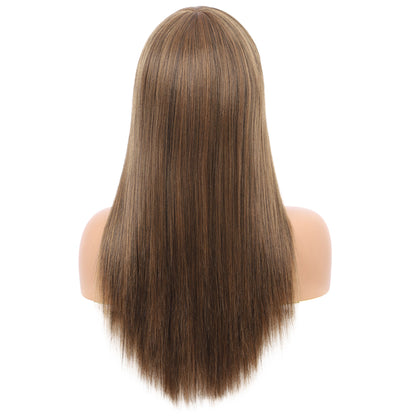 22" Long Straight Silky Smooth Synthetic Hair Wigs with Bangs for Women High Temperature Yaki Texture Full Hair Wigs for Women (Highlighted Brown)