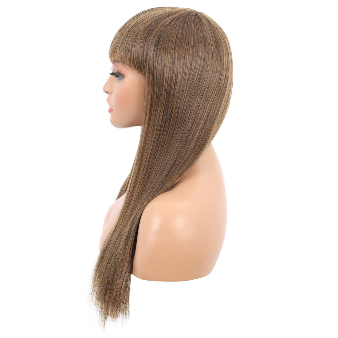 22" Long Straight Silky Smooth Synthetic Hair Wigs with Bangs for Women High Temperature Yaki Texture Full Hair Wigs for Women (Highlighted Brown)