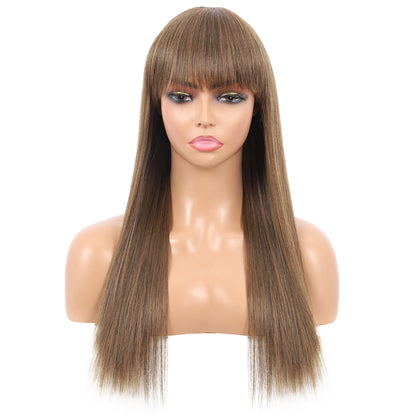 22" Long Straight Silky Smooth Synthetic Hair Wigs with Bangs for Women High Temperature Yaki Texture Full Hair Wigs for Women (Highlighted Brown)