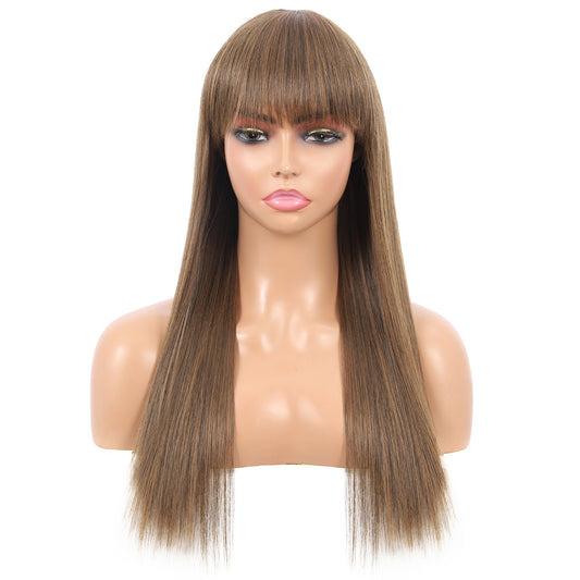 22" Long Straight Silky Smooth Synthetic Hair Wigs with Bangs for Women High Temperature Yaki Texture Full Hair Wigs for Women (Highlighted Brown)