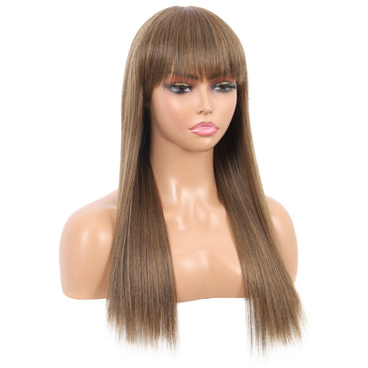 22" Long Straight Silky Smooth Synthetic Hair Wigs with Bangs for Women High Temperature Yaki Texture Full Hair Wigs for Women (Highlighted Brown)