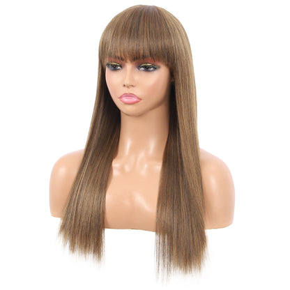 22" Long Straight Silky Smooth Synthetic Hair Wigs with Bangs for Women High Temperature Yaki Texture Full Hair Wigs for Women (Highlighted Brown)