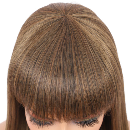22" Long Straight Silky Smooth Synthetic Hair Wigs with Bangs for Women High Temperature Yaki Texture Full Hair Wigs for Women (Highlighted Brown)