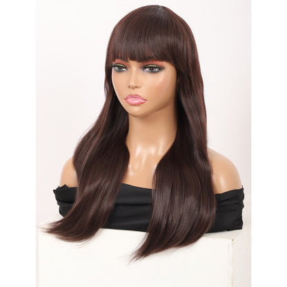 22" Long Straight Silky Smooth Synthetic Hair Wigs with Bangs for Women High Temperature Yaki Texture Full Hair Wigs for Women (Brown)