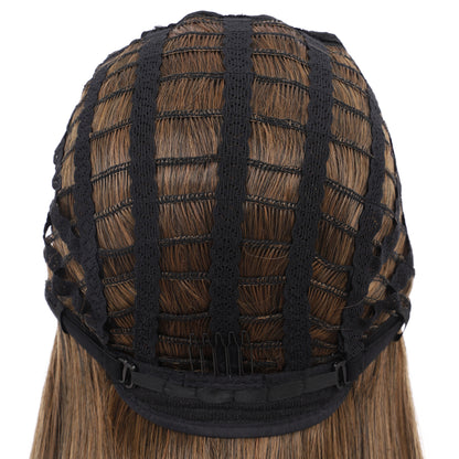 22" Long Straight Silky Smooth Synthetic Hair Wigs with Bangs for Women High Temperature Yaki Texture Full Hair Wigs for Women (Highlighted Brown)