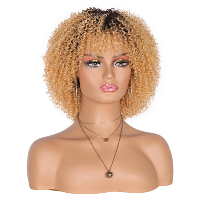 8" Synthetic Short Afro Kinky Curly Wigs for Black Women Realistic Curly Wigs with Hair Bangs Lightweight Soft Bouncy Curls Hair Wigs（Ombre blonde 2）