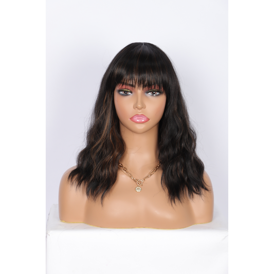 Short Synthetic Black Brown Highlights Wig with Hair Bangs Short Wavy Curly Wig for Women -Natural Looking and Heat Resistant Full Head Hair Replacement Wig for Daily Wear or Costume Wig