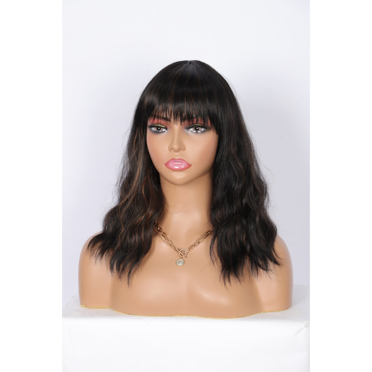 Short Synthetic Black Brown Highlights Wig with Hair Bangs Short Wavy Curly Wig for Women -Natural Looking and Heat Resistant Full Head Hair Replacement Wig for Daily Wear or Costume Wig