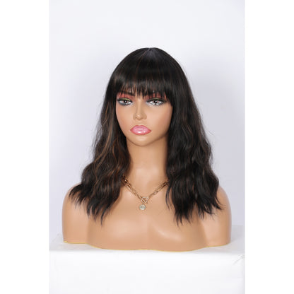 Short Synthetic Black Brown Highlights Wig with Hair Bangs Short Wavy Curly Wig for Women -Natural Looking and Heat Resistant Full Head Hair Replacement Wig for Daily Wear or Costume Wig