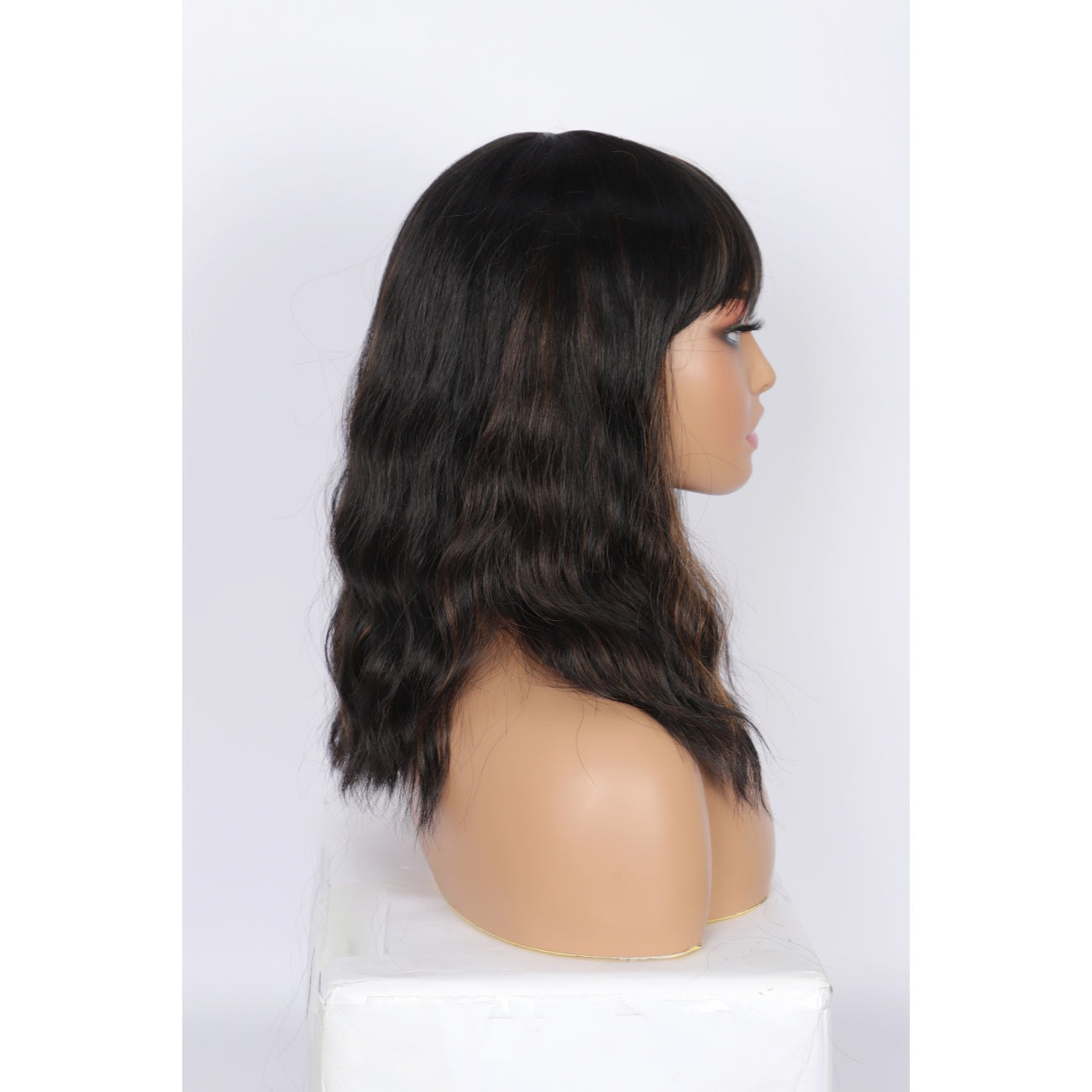 Short Synthetic Black Brown Highlights Wig with Hair Bangs Short Wavy Curly Wig for Women -Natural Looking and Heat Resistant Full Head Hair Replacement Wig for Daily Wear or Costume Wig