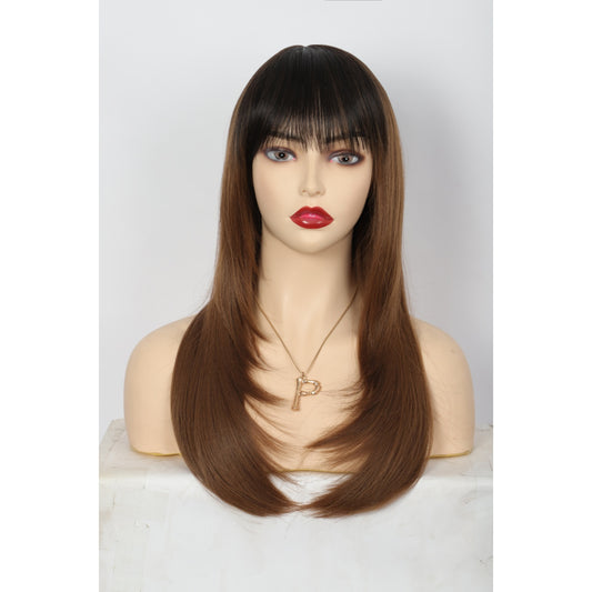 24 Inch Long Straight Synthetic Wig with Bangs Silky Full Hair Wigs for Women,Dark Root to Light Brown