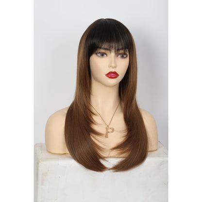 24 Inch Long Straight Synthetic Wig with Bangs Silky Full Hair Wigs for Women,Dark Root to Light Brown