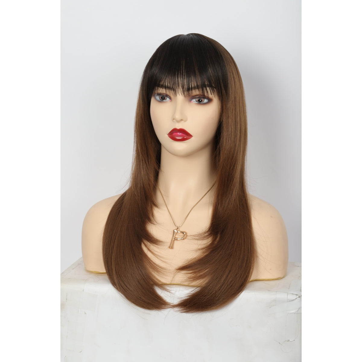 24 Inch Long Straight Synthetic Wig with Bangs Silky Full Hair Wigs for Women,Dark Root to Light Brown