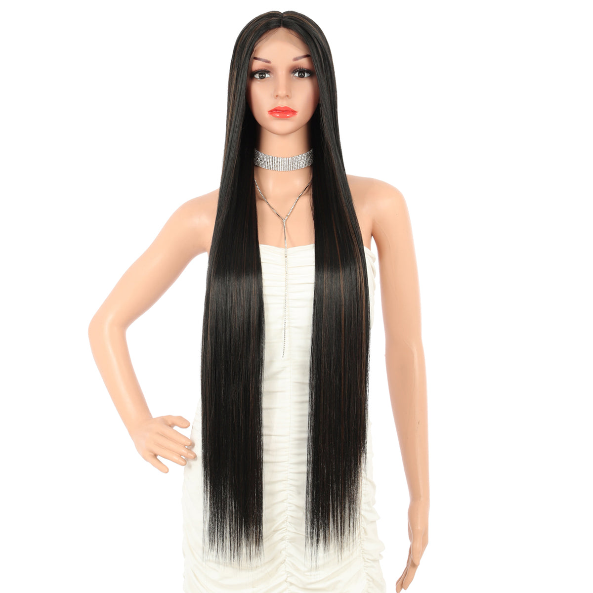 38" Super Long Straight Wigs Lace Front Wigs Middle Part Wig Brown Highlight Synthetic Wig for Women