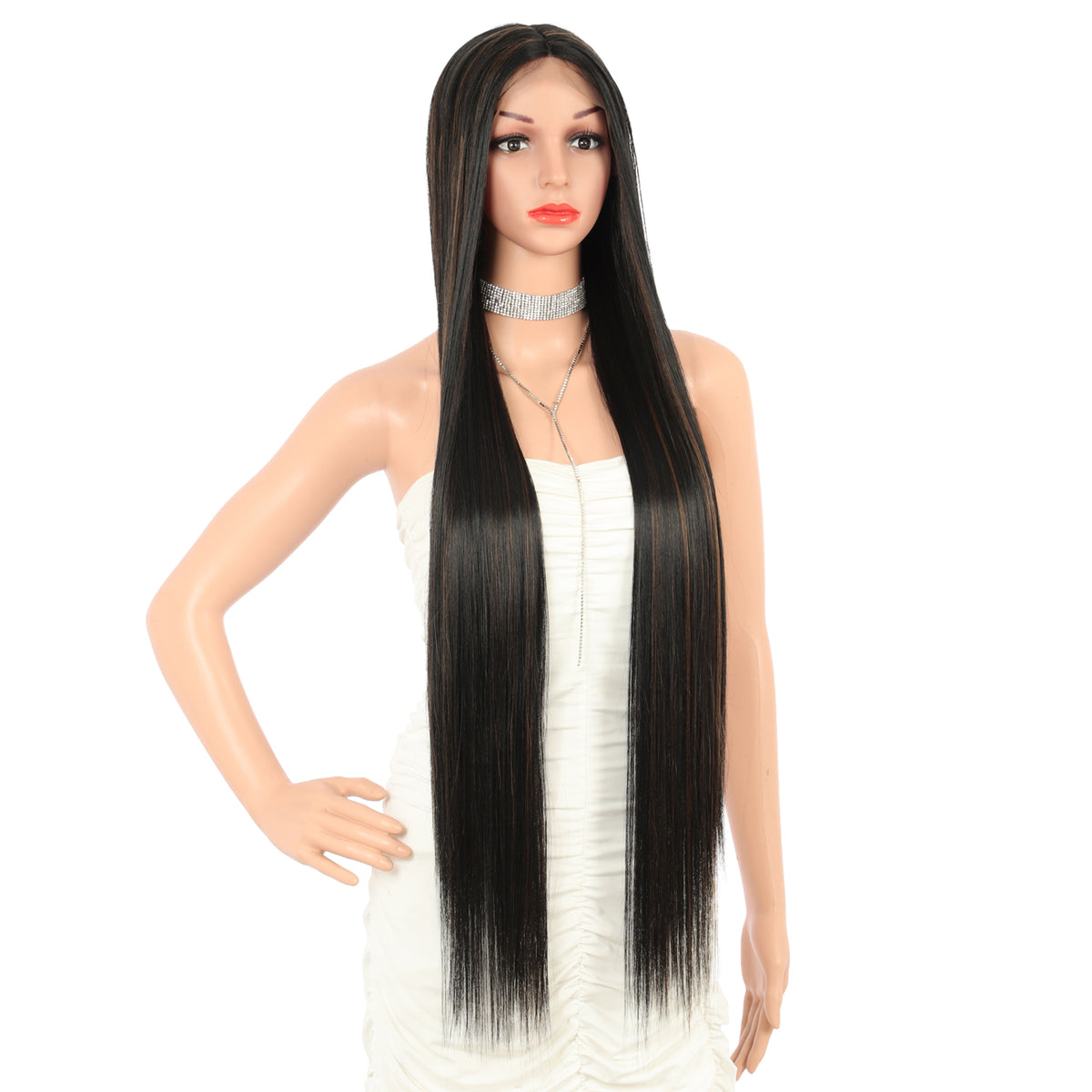 38" Super Long Straight Wigs Lace Front Wigs Middle Part Wig Brown Highlight Synthetic Wig for Women