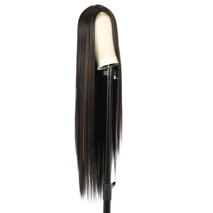 38" Super Long Straight Wigs Lace Front Wigs Middle Part Wig Brown Highlight Synthetic Wig for Women