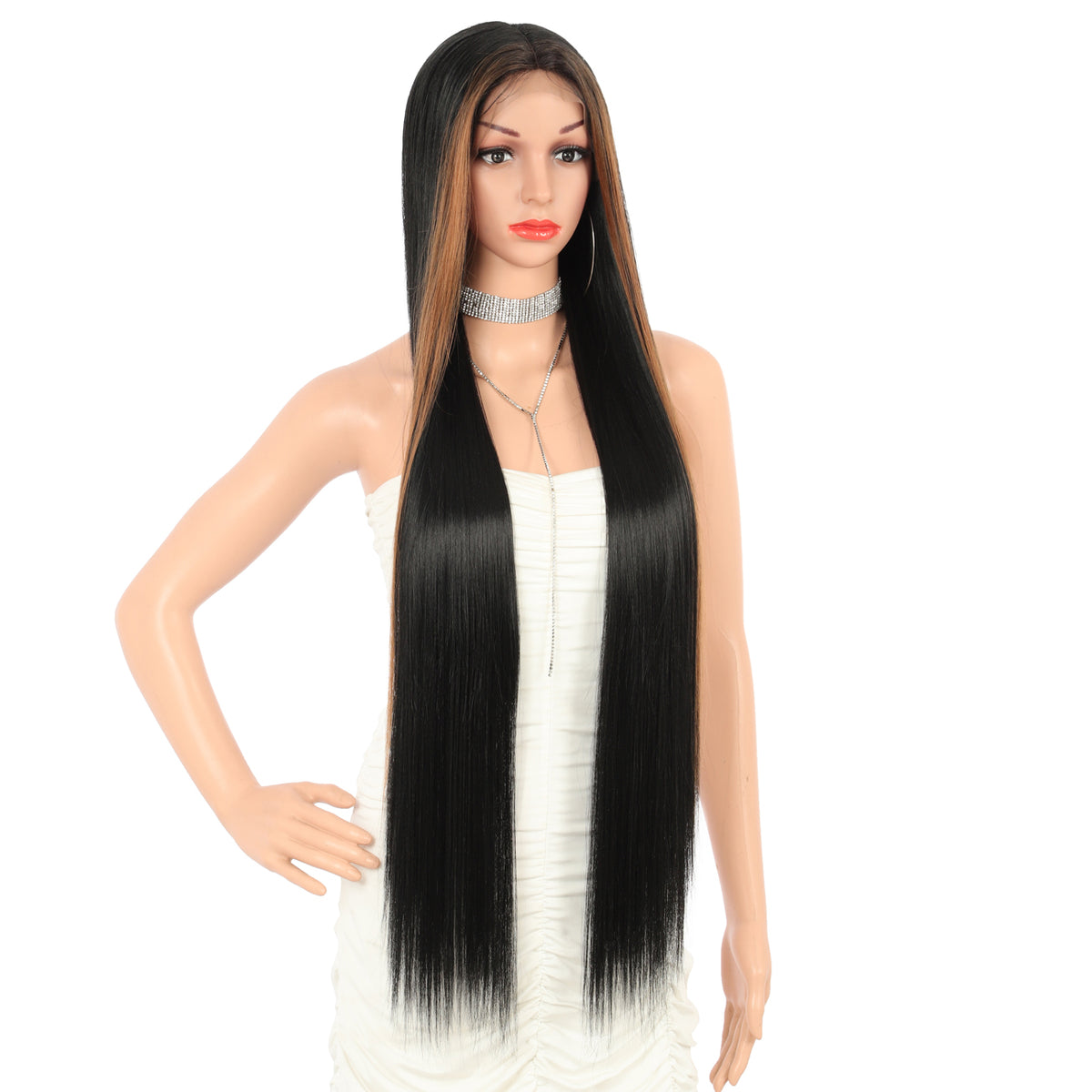 38" Super Long Straight Wigs Lace Front Wigs Middle Part Wig Black with Caramel Highlights Synthetic Wig for Women