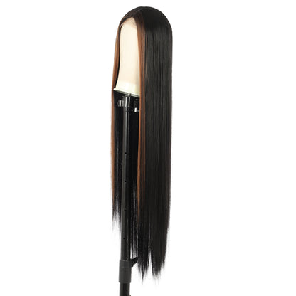 38" Super Long Straight Wigs Lace Front Wigs Middle Part Wig Black with Caramel Highlights Synthetic Wig for Women