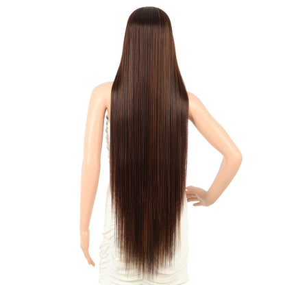 38" Super Long Straight Wigs Lace Front Wigs Middle Part Wig Dark Brown with Highlights Synthetic Wig for Women