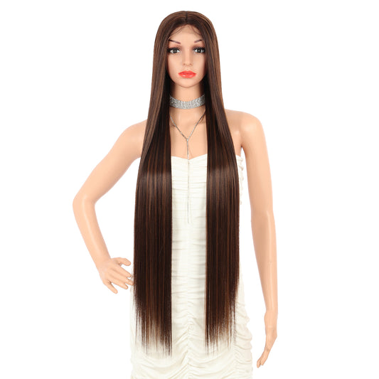 38" Super Long Straight Wigs Lace Front Wigs Middle Part Wig Dark Brown with Highlights Synthetic Wig for Women