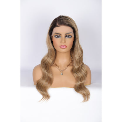 24 Inch Long Curly Wig Side Part  Loose Wave Wig Synthetic Lace Front Wig for Women Ombre Lignt Brown