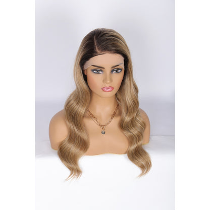 24 Inch Long Curly Wig Side Part  Loose Wave Wig Synthetic Lace Front Wig for Women Ombre Lignt Brown
