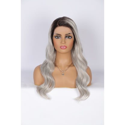 24 Inch Long Curly Wig Side Part  Loose Wave Wig Synthetic Lace Front Wig for Women Ombre Platinum Grey