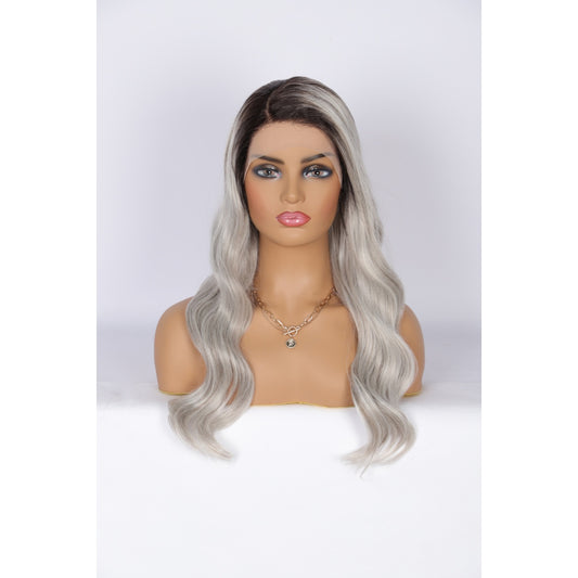 24 Inch Long Curly Wig Side Part  Loose Wave Wig Synthetic Lace Front Wig for Women Ombre Platinum Grey