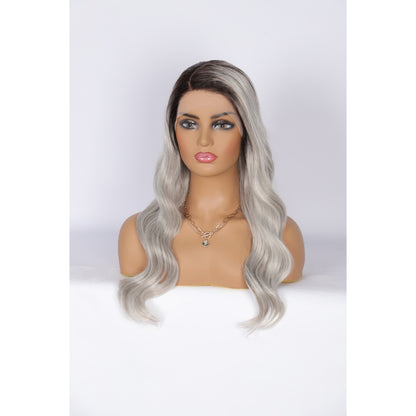 24 Inch Long Curly Wig Side Part  Loose Wave Wig Synthetic Lace Front Wig for Women Ombre Platinum Grey