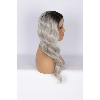 24 Inch Long Curly Wig Side Part  Loose Wave Wig Synthetic Lace Front Wig for Women Ombre Platinum Grey